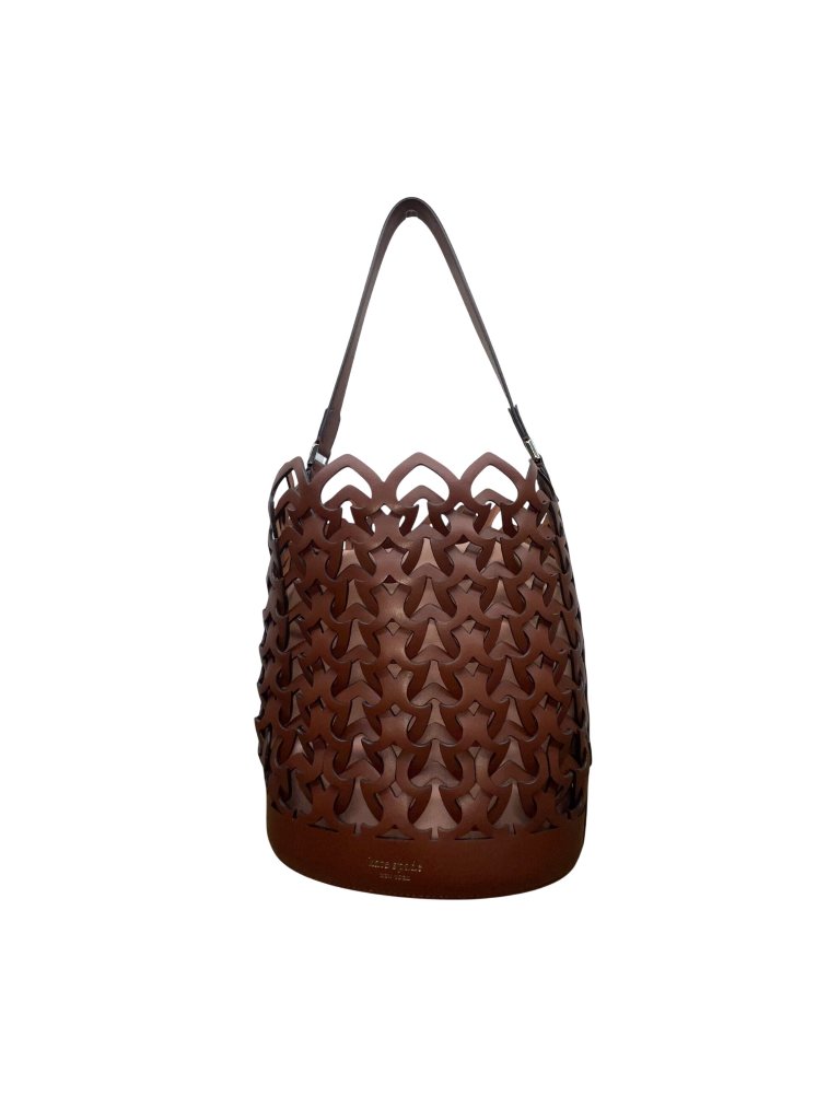 Kate Spade Womenâs Brown Leather Laser-Cut Interlocking Spade Pattern Bucket Bag